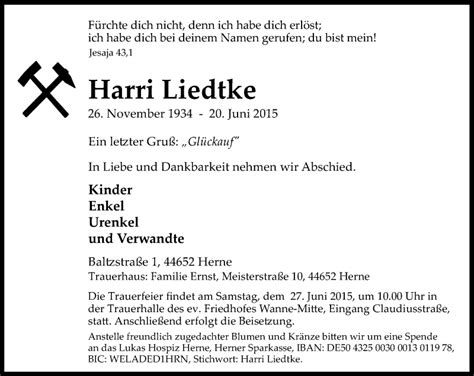 Traueranzeigen Von Harri Liedtke Trauer In NRW De