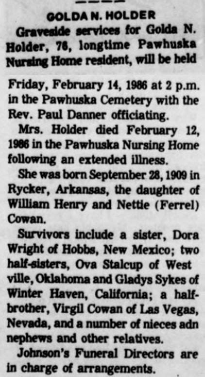 Golda Nettie Cowan Holder Find A Grave Memorial