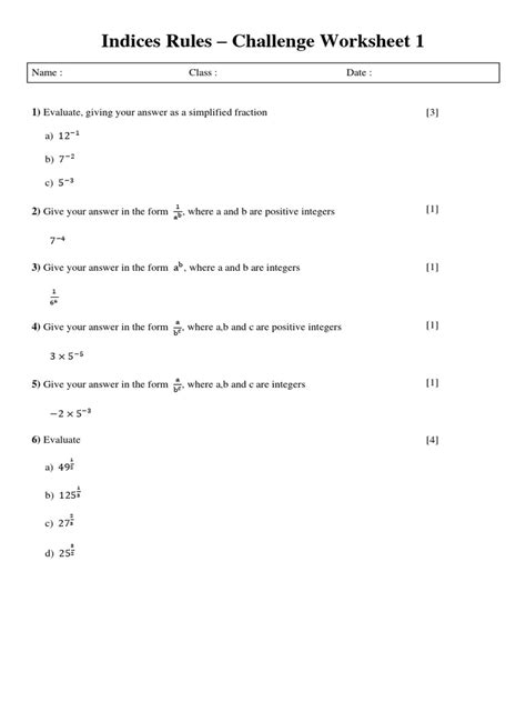 Indices Rules - Challenge Worksheet 1 | PDF | Mathematics | Arithmetic