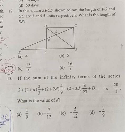 In The Square Abcd Shown Below The Length Of Fg And Gc Are And Units