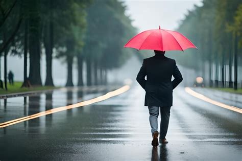 Un Hombre Camina Por Una Carretera Mojada Con Un Paraguas Bajo La