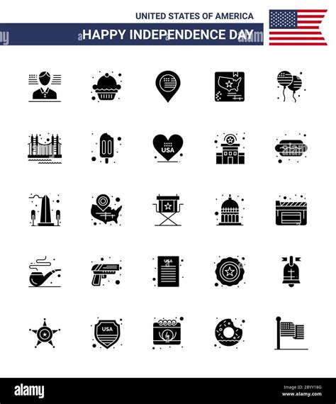 Pack Of 25 Usa Independence Day Celebration Solid Glyph Signs And 4th July Symbols Such As