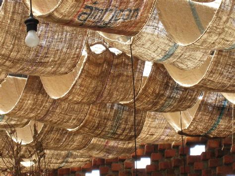 Burlap Fabric Draping Fabric Ceiling Cafe Interior Design