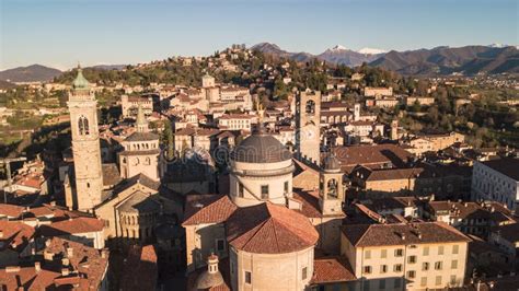 Drone Aerial View Of Bergamo Old City Landscape On The City Center