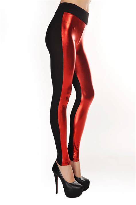 High Waist Metallic Leather Seamed Legging In Red Faux Leather Lace