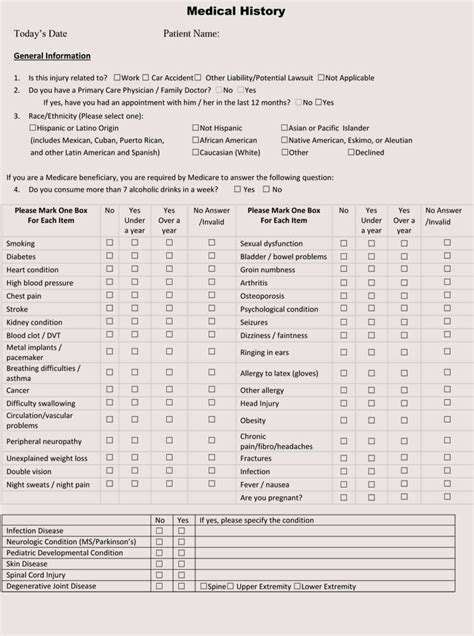 General Medical History Forms 100 Free Word Pdf