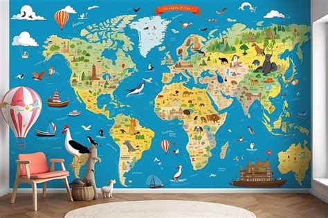 Premium Photo | Childrens map of the world with animals landmarks and ...