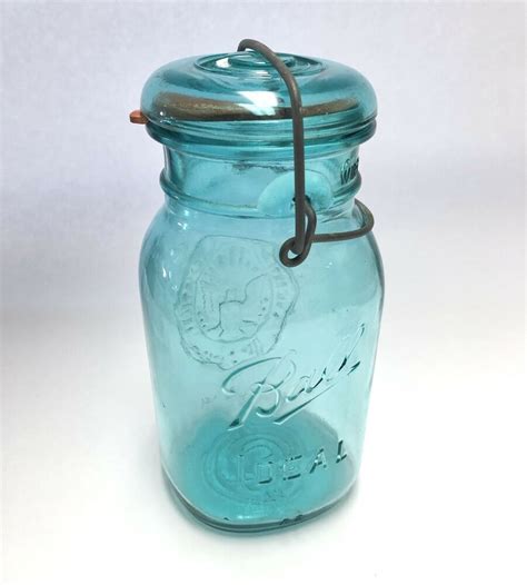 Ball Ideal Blue Mason Jar Canister Wire Side Quart Size 1976 Glass Top