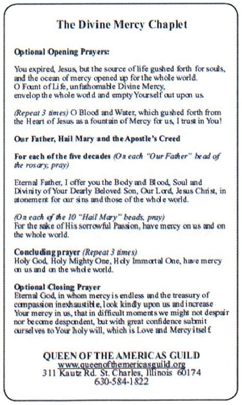 Divine Mercy Chaplet prayer card - Queen of the Americas Guild