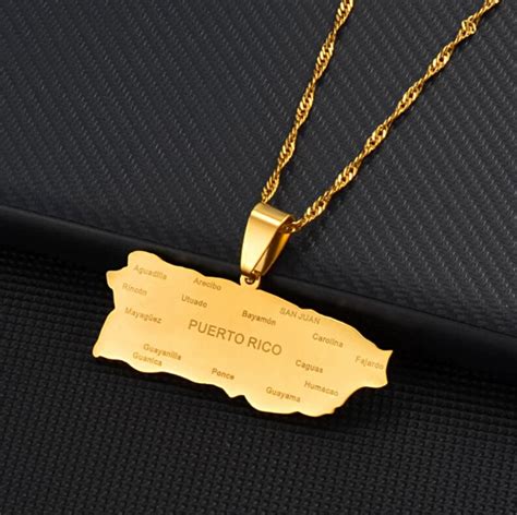 18k Gold Plated Puerto Rico Map With Cities Necklace Charmed Etsy