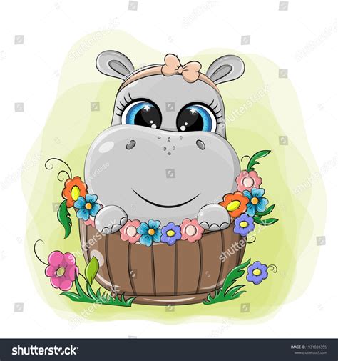 Funny Hippopotamus Sits Basket Flowers Hippo Stock Vector Royalty Free 1931833355 Shutterstock