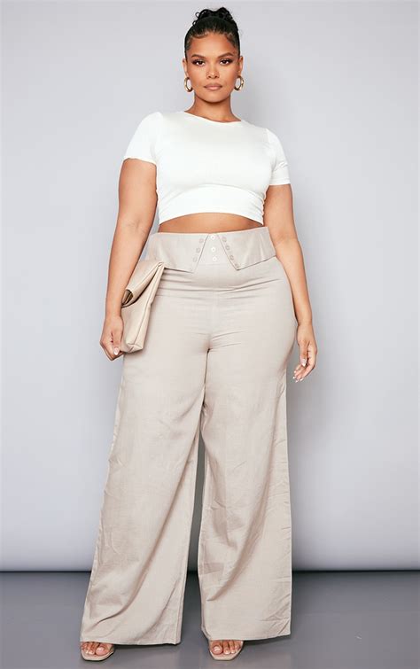 Plus Stone Linen Look Fold Over Wide Leg Trousers Plus Size Prettylittlething