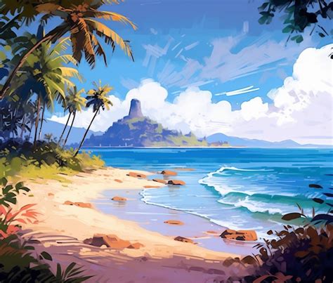 Painting of a tropical beach scene with palm trees and a mountain in the distance generative ai ...