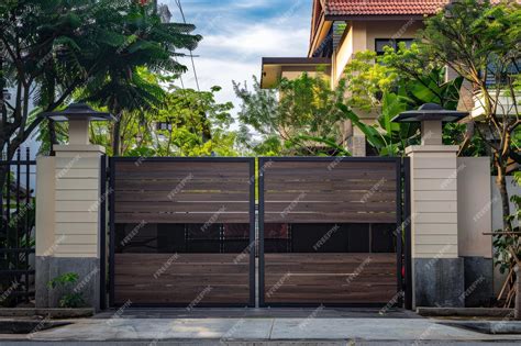 Premium Photo | Modern House Featuring Wooden Design Gate