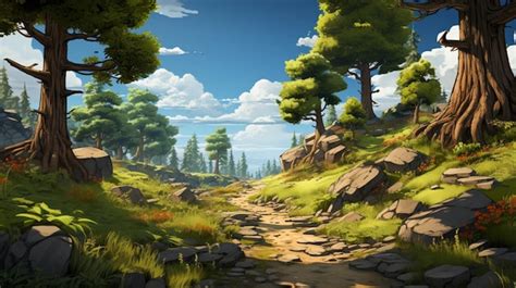 Premium Photo | Forest path with trees and rocks Cartoon illustration