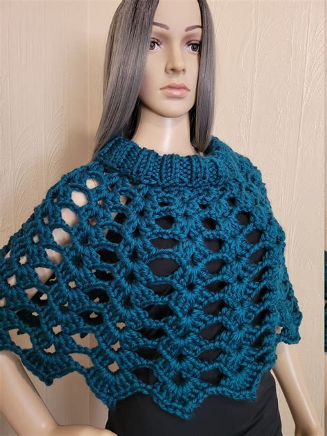 Chunky Poncho Knit Crochet Lacy Capelet Bulky Shrug Teal Ready To Ship