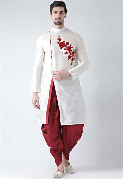 Buy Embroidered Dupion Silk Dhoti Kurta In White Online Mve