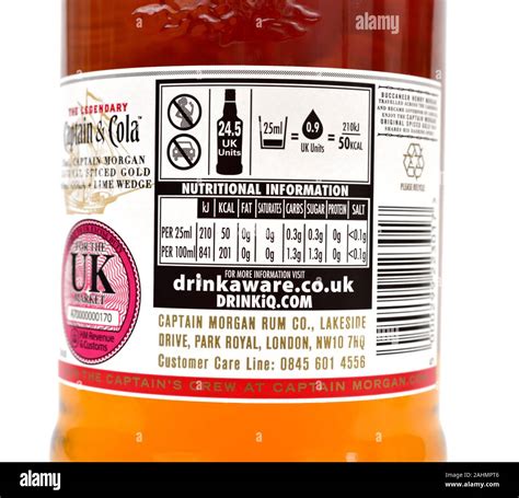 Captain Morgan Rum Nutritional Information Drinkaware Close Up Stock