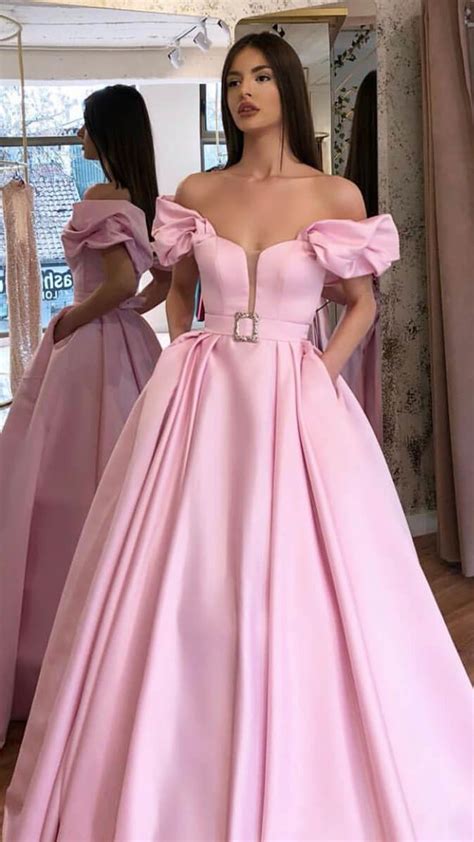 Off The Shoulder Long Pink Satin Prom Dresses With Pockets Fd1815