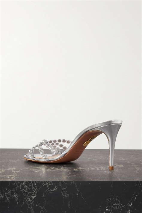 Silver Tequila Crystal Embellished Pvc And Metallic Leather Mules