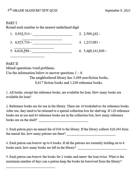 5TH Grade Math Review Quiz | PDF | Money