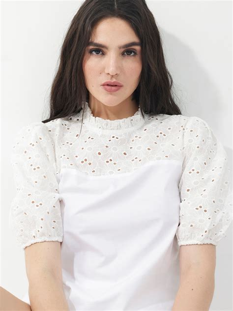 Buy Rareism Floral Embellished Puff Sleeve Cotton Top Tops For Women