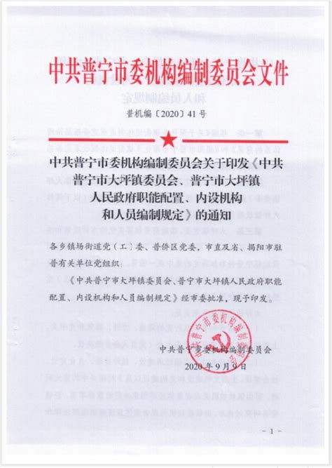 中共普宁市委机构编制委员会关于印发《中共普宁市大坪镇委员会、普宁市大坪镇人民政府职能配置、内设机构和人员编制规定》的通知