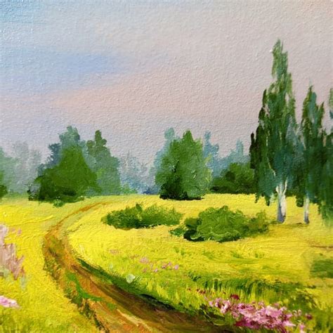 Summer landscape with a river Original landscape art 8x8in O - Inspire Uplift