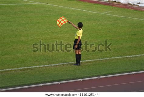 Assistant Referee Hold Flagsignal Offside Stock Photo 1110125144