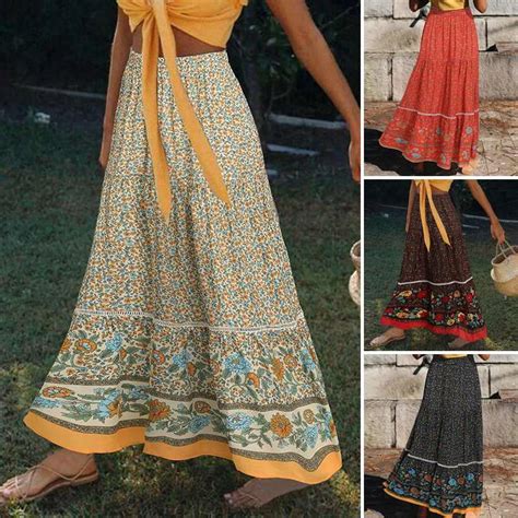 Women Summer Sundress Zanzea Bohemian Printed Maxi Skirts Casual