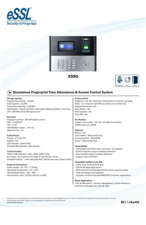 Essl X Standalone Biometric Fingerprint Attendance Machine Palm