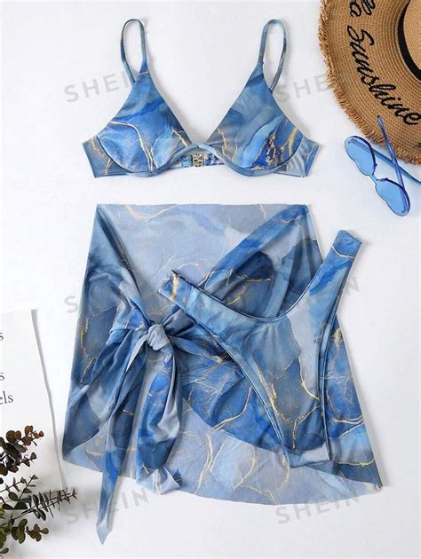 SHEIN Swim piezas con estampado de mármol Bañador bikini con aro