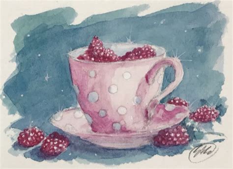 Aceo Teacup Watercolor Painting Original Raspberries Tea Cup Art Card