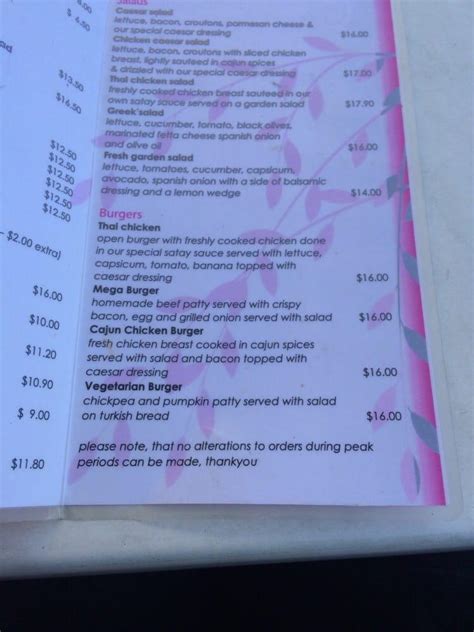 Menu at The Willow Tree Cafe, Tenterfield