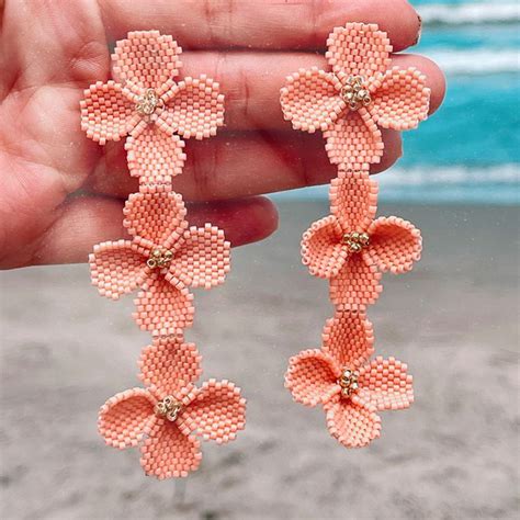 Aretes Flores Drop Earrings Peach Seed Bead Jewelry Patterns