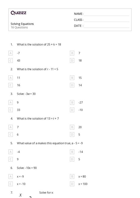 50 Solving Equations Worksheets For 6th Grade On Quizizz Free