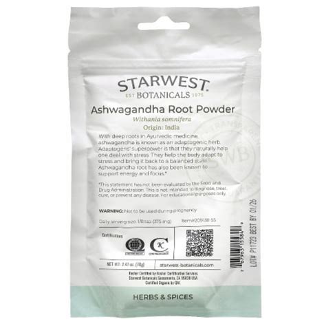 Starwest Botanicals Organic Ashwagandha Root Powder 2 47 Oz 70 G 2