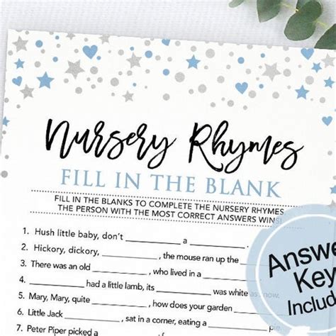 Nursery Rhymes Fill In The Blank Baby Shower Game Printable Etsy