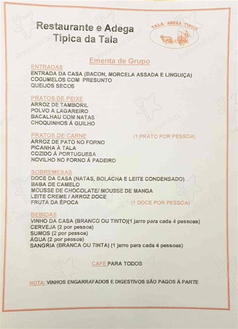 Menu Em Adega T Pica Da Tala Restaurante Sintra