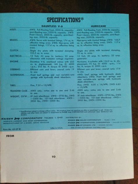 Jeep 1965 66 Universal Sales Brochure Dimensions Options Accessories