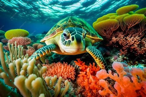 premium ai image maldivian sea turtle floating    coral reef
