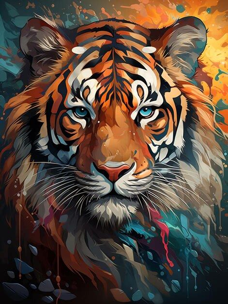 Premium Photo Painting Of A Tiger With A Blue Eye And A Yellow