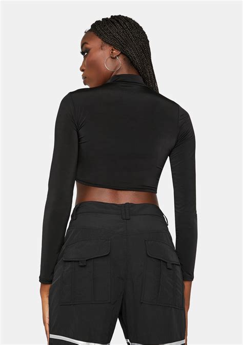 Mock Neck Long Sleeve Crop Top With Buckle Straps Black Dolls Kill