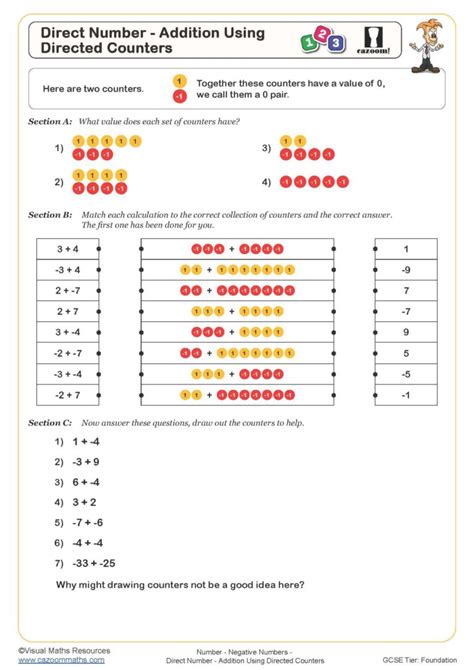 Directed Number Addition Using Directed Counters Worksheet Cazoom