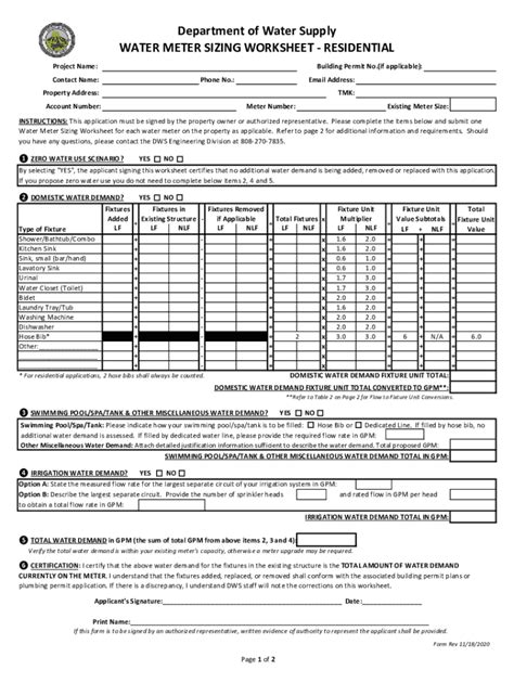 Fillable Online Water Meter Sizing Worksheet For Residential Fax Email