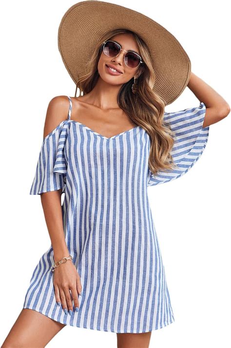 Milumia Women S Cold Shoulder Striped Short Dress Butterfly Sleeve