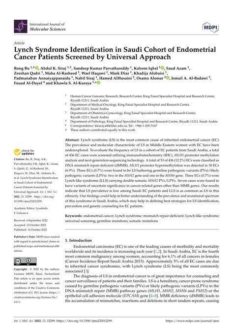 Pdf Lynch Syndrome Identification In Saudi Cohort Of Endometrial