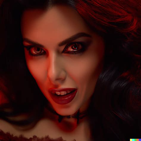 Dall·e A Seductive Female Vampire With Fangs Cinematic Lighting Red