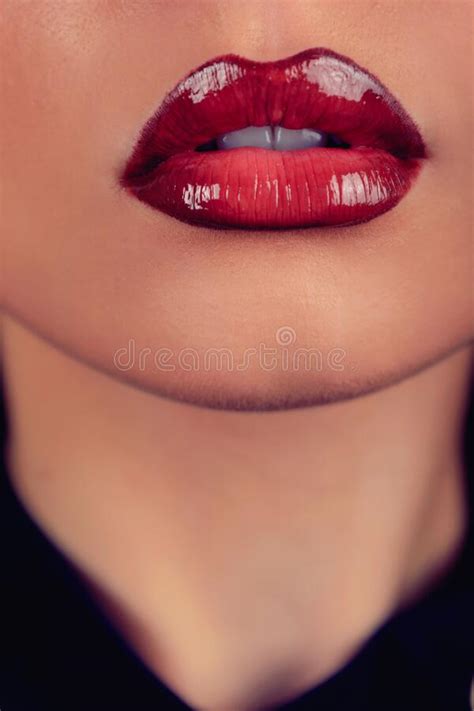 Woman With Glossy Red Lipstick Closeup Stock Photo Image Of Kiss