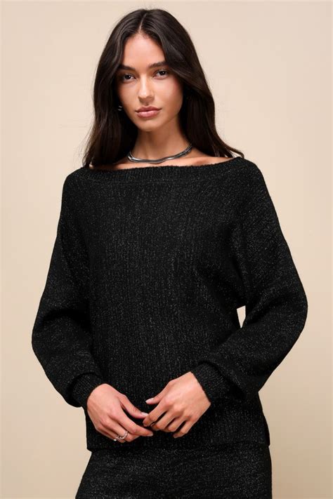 Black Lurex Sweater Dolman Sleeve Sweater Boat Neck Sweater Lulus